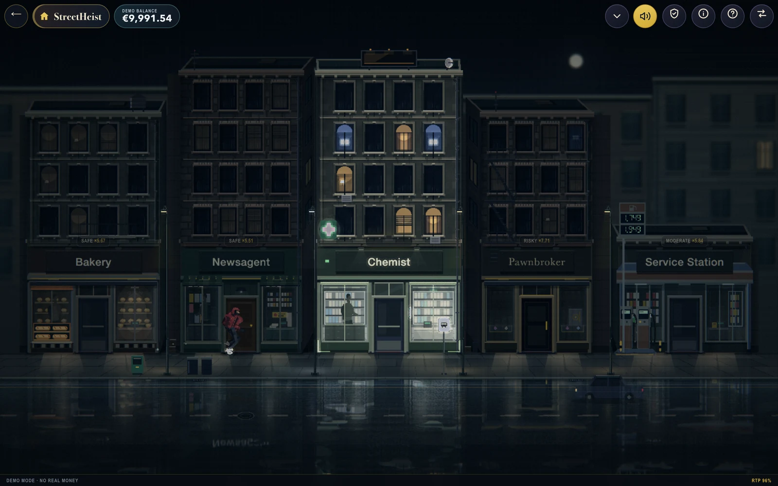 The StreetHeist demo: a rainy street of lit storefronts during a break-in