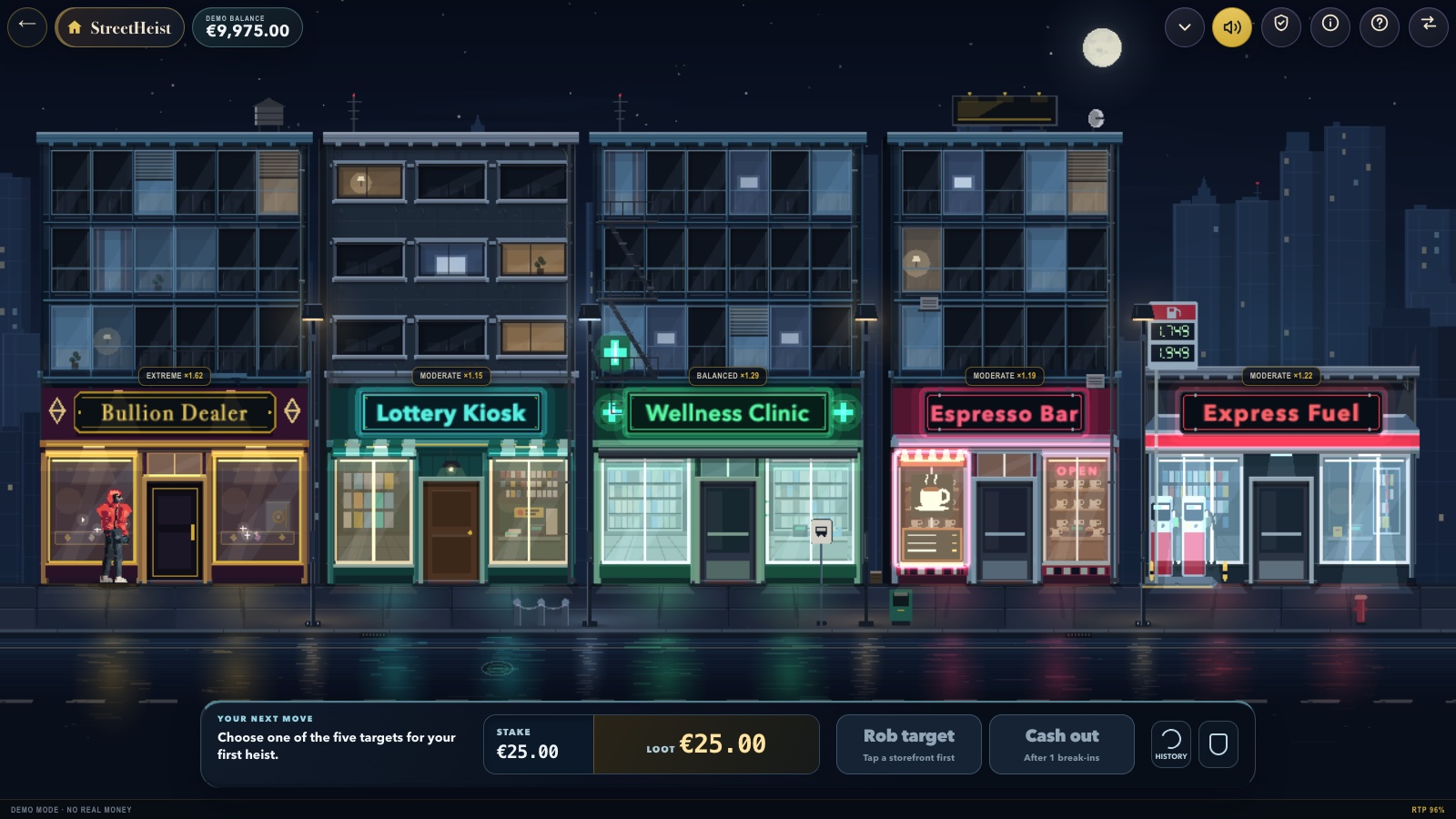 StreetHeist on desktop: a night street with five labelled storefronts, each showing its multiplier and risk, above the stake and pot display